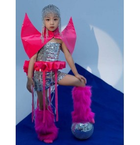 Girls fuchsia silver jazz dance costumes  for kids children catwalk models rose technology metaverse locomotive tide performance outfits for kids